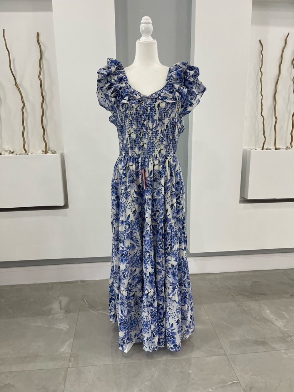 Ivy City Co Blue Floral Smocked Maxi Dress